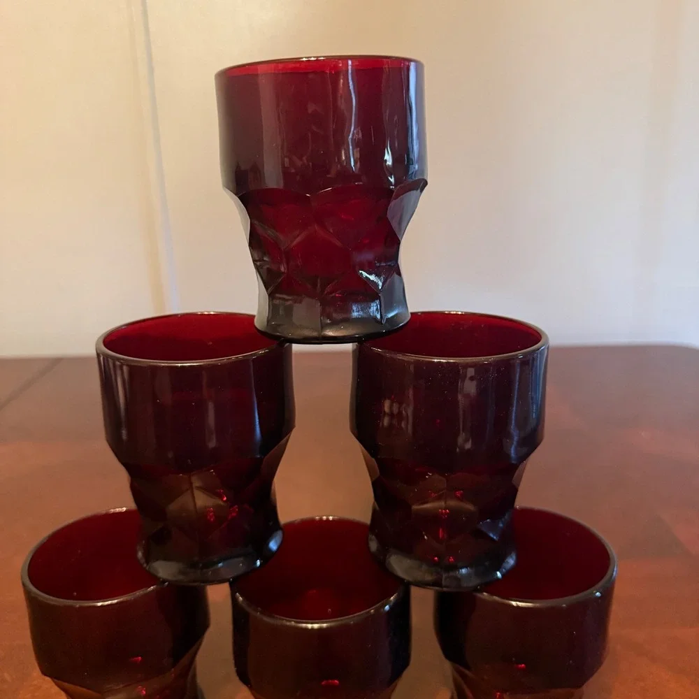 Vtg Ruby Red‎ Glass Juice Tumblers Set of 6 Geometric Footed Mid Century